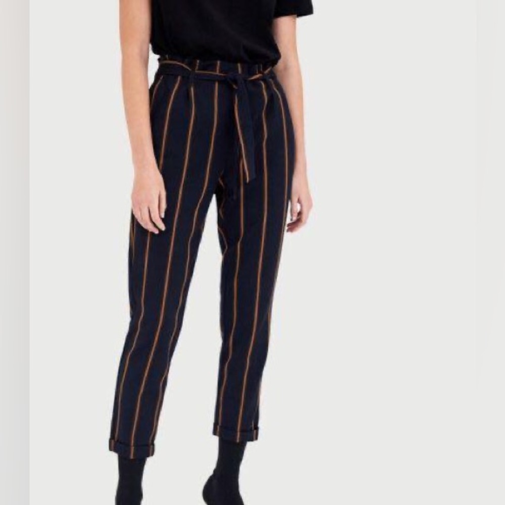 ZARA Navy Striped Paper Bag Belted Pants
